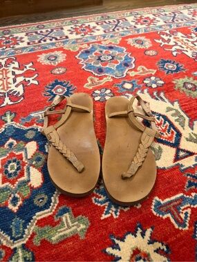Rainbow Tan Braided T-Strap Women's Sandals